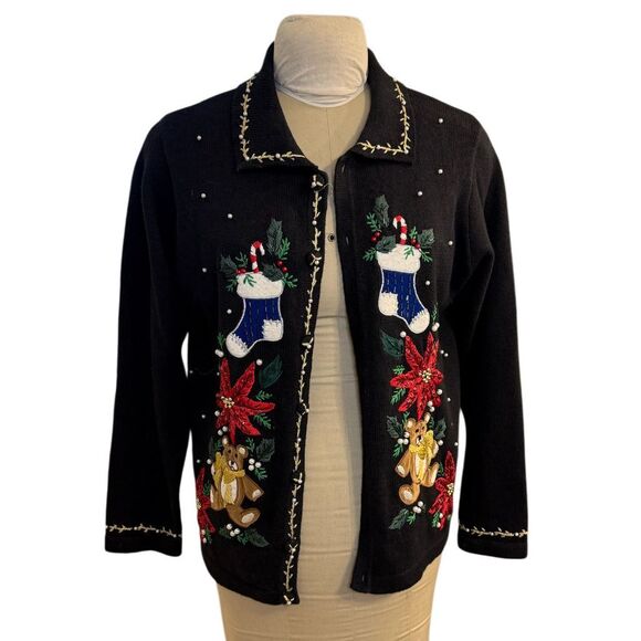 Victoria Jones Christmas Cardigan Sz. M Embroidered Appliqué Metallic Vtg - Picture 1 of 9